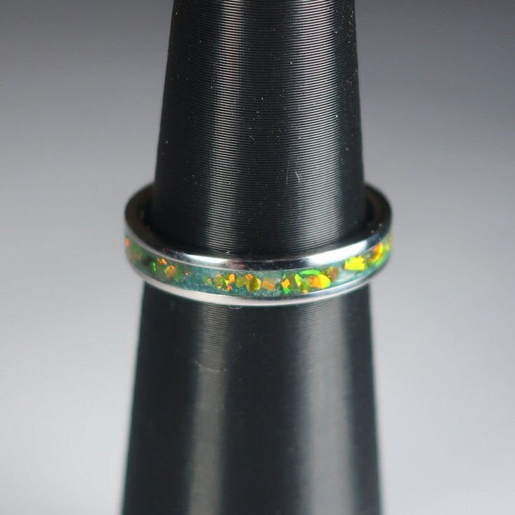 Green Opal Ring, Stainless Steel Inlay Ring, Crushed Opal - Eternity Ring or Birthstone Ring