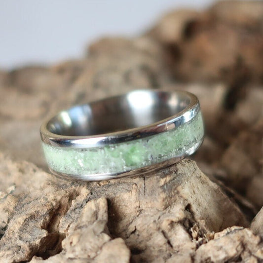 Sea Glass Ring, GLOWS in the Dark, Stainless Steel Inlay Ring, Crushed Sea Glass Ring, Eternity Ring, Christmas Present Ideas