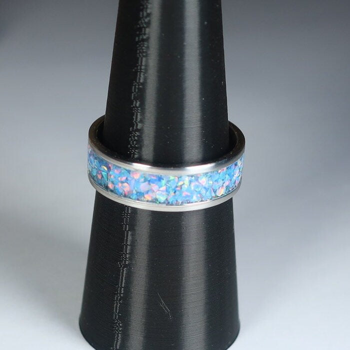 Blue Opal Ring, Stainless Steel Inlay Ring, Crushed Opal - Eternity Ring or Birthstone Ring