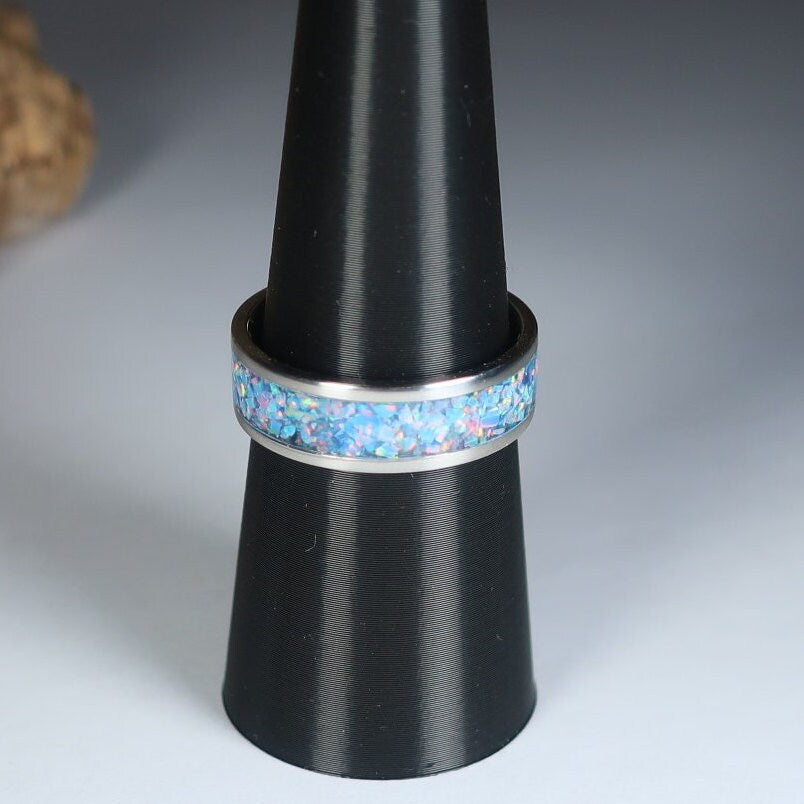 Blue Opal Ring, Stainless Steel Inlay Ring, Crushed Opal - Eternity Ring or Birthstone Ring