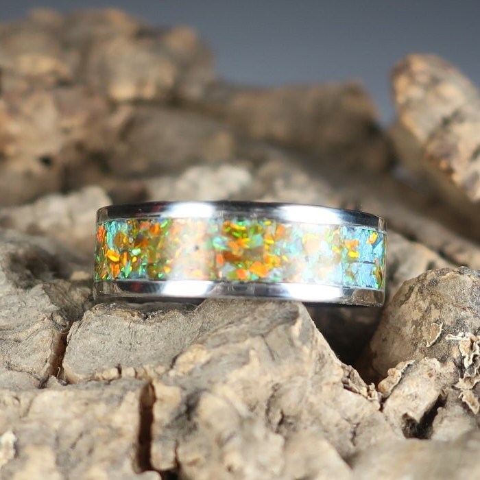 Green Opal Ring, Stainless Steel Inlay Ring, Crushed Opal - Eternity Ring or Birthstone Ring