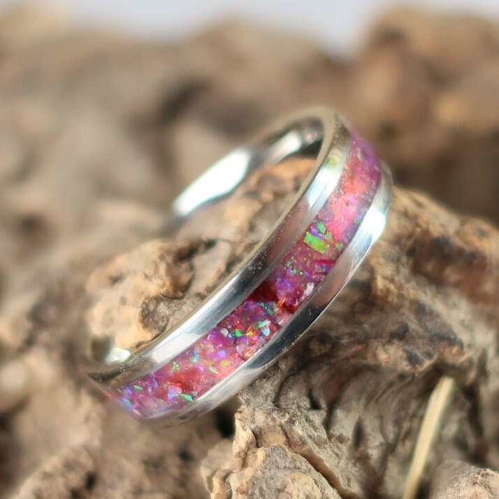 Pink Opal Ring, Stainless Steel Inlay Ring, Crushed Opal - Eternity Ring or Birthstone Ring