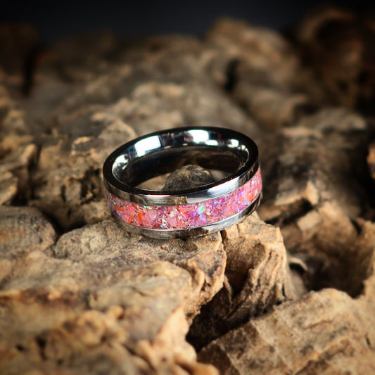Pink Opal Ring, Stainless Steel Inlay Ring, Crushed Opal - Eternity Ring or Birthstone Ring
