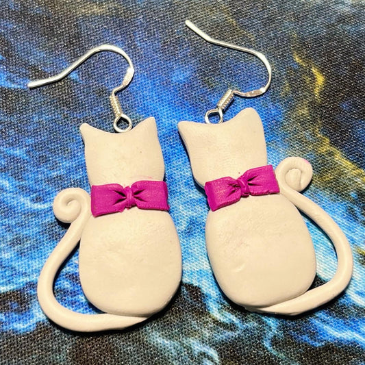Handmade Earrings | Grey Cats with Bow Tie | Polymer Clay